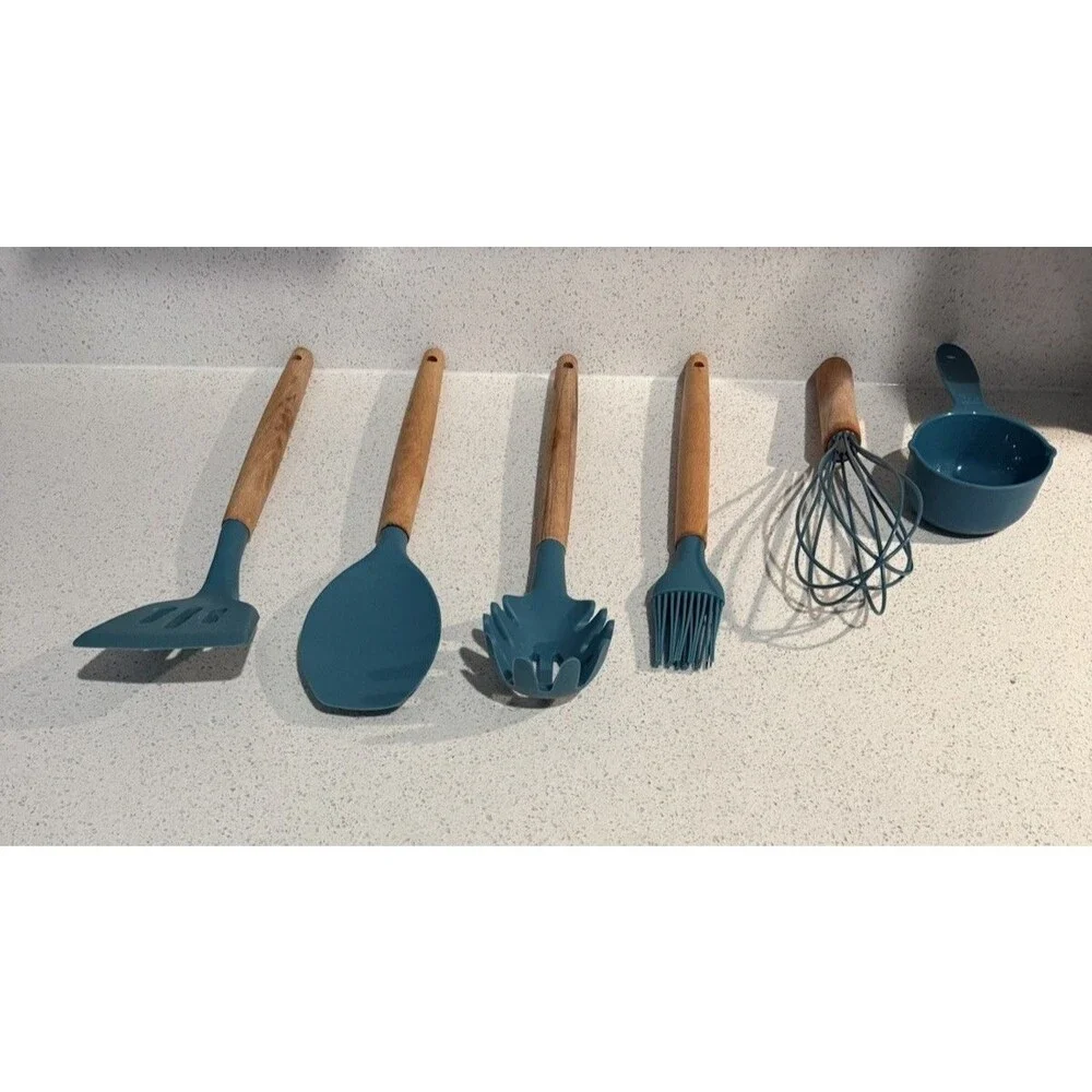 6 Silicone Cooking Utensils w/ Wooden Handles + 2 Pcs As Gift